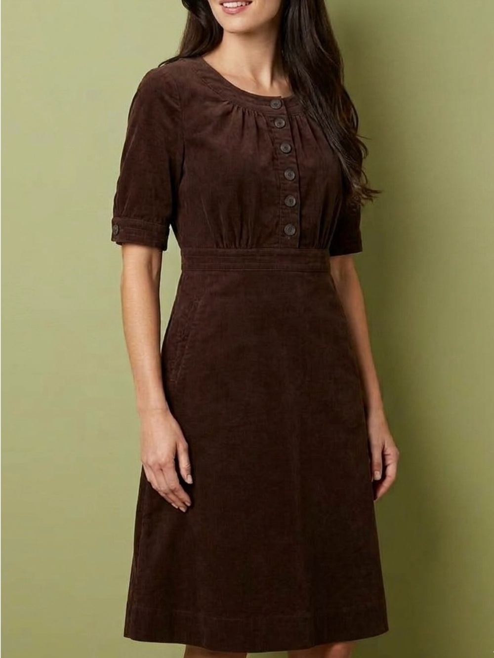 J.Crew Vintage Corduroy Button Bodice Dress Brown Pockets Midi Size 10